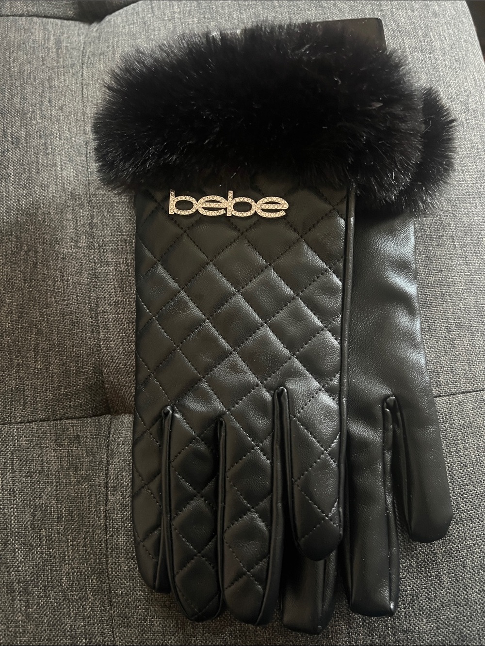 bebe Black Quilted Faux Leather Gloves with Fur Trim and Rhinestone Logo
